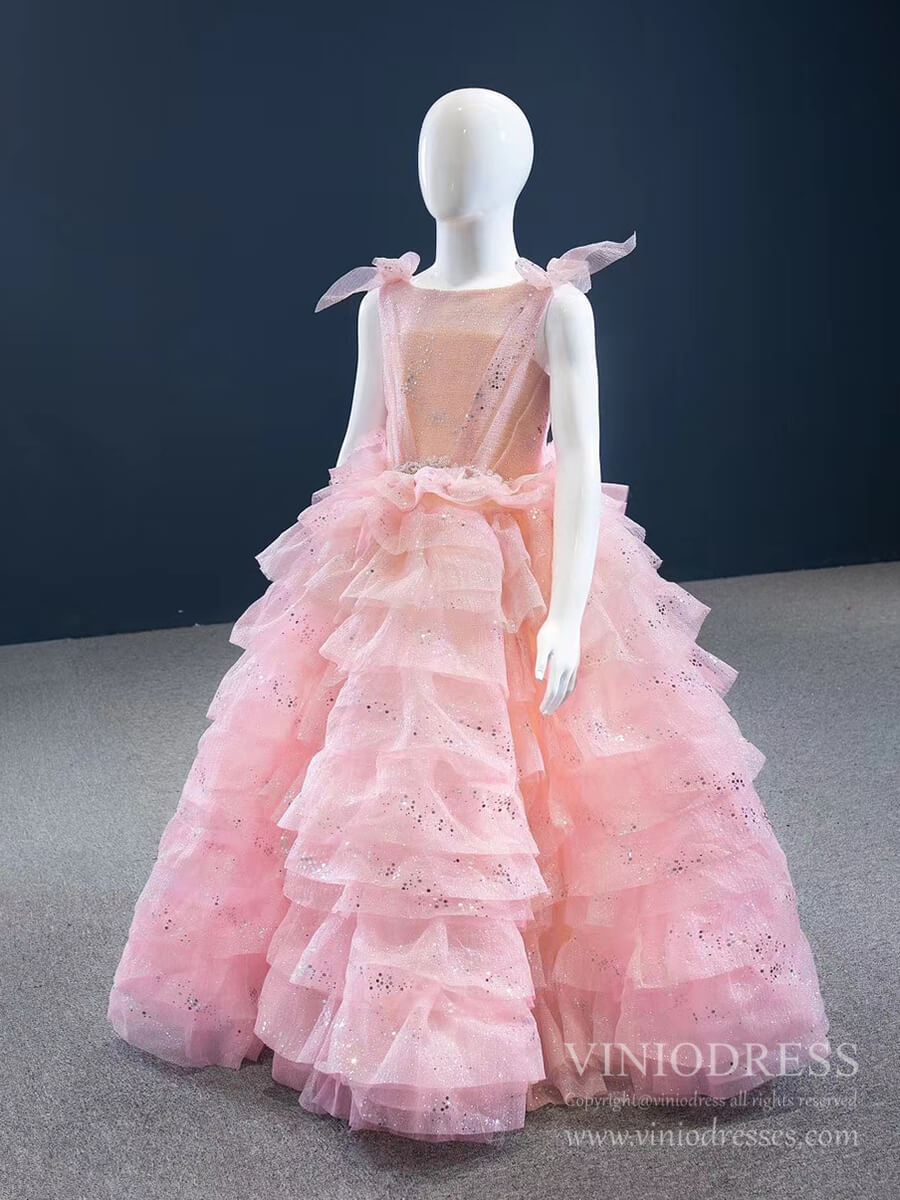 Sparkly Pink Tiered Pageant Gown for Little Girls FD2141C-Pageant Dresses for Kids 2025 -Viniodress-As Picture-Custom Size-