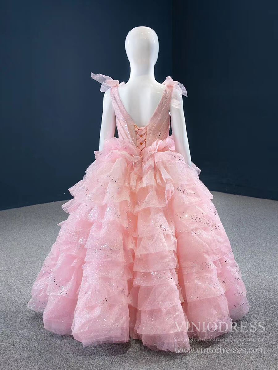 Sparkly Pink Tiered Pageant Gown for Little Girls FD2141C-Girls Prom Dresses-Viniodress-Viniodress