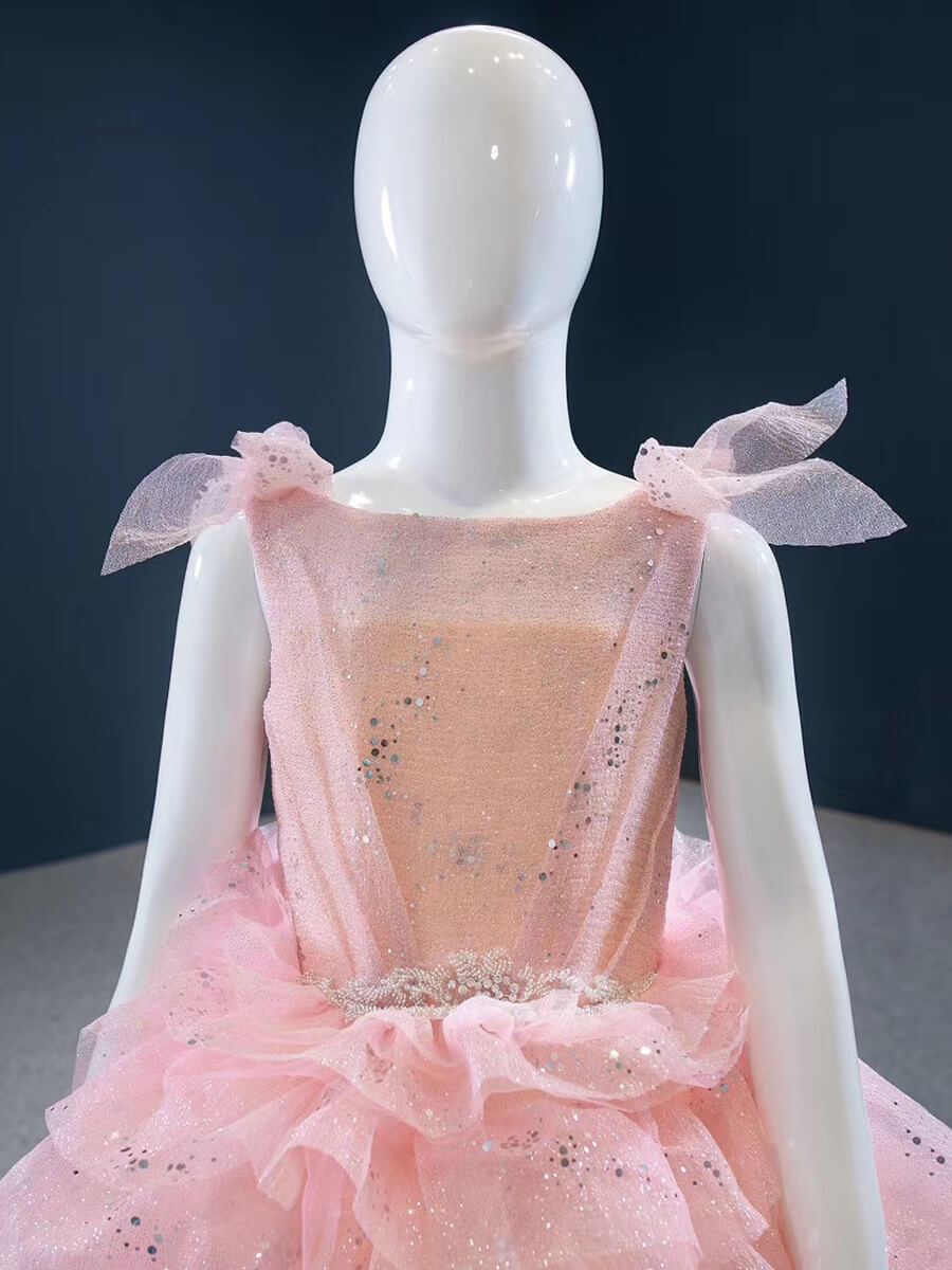 Sparkly Pink Tiered Pageant Gown for Little Girls FD2141C-Girls Prom Dresses-Viniodress-Viniodress