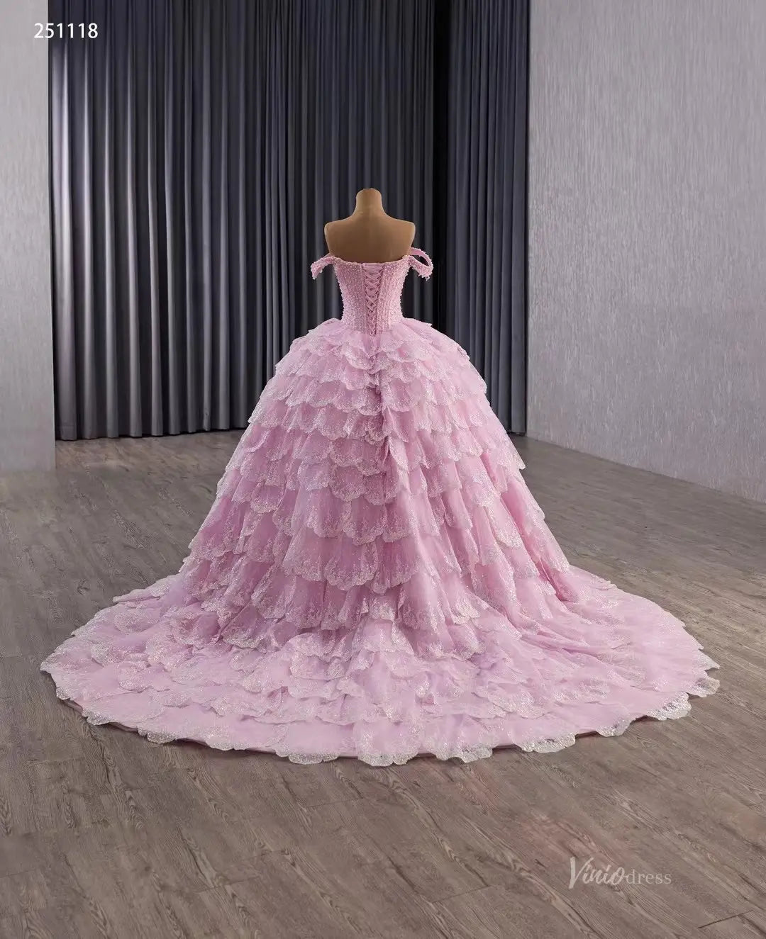 Sparkly Pink Tiered Petal Quinceañera Dress Off-Shoulder Princess Ball Gown Basque Waist 251118-Quinceanera Dresses 2026-Viniodress-Pink-Custom Size-