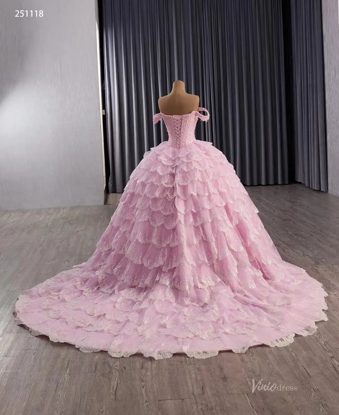 Sparkly Pink Tiered Petal Quinceañera Dress Off-Shoulder Princess Ball Gown Basque Waist 251118-Quinceanera Dresses 2026-Viniodress-Pink-Custom Size-
