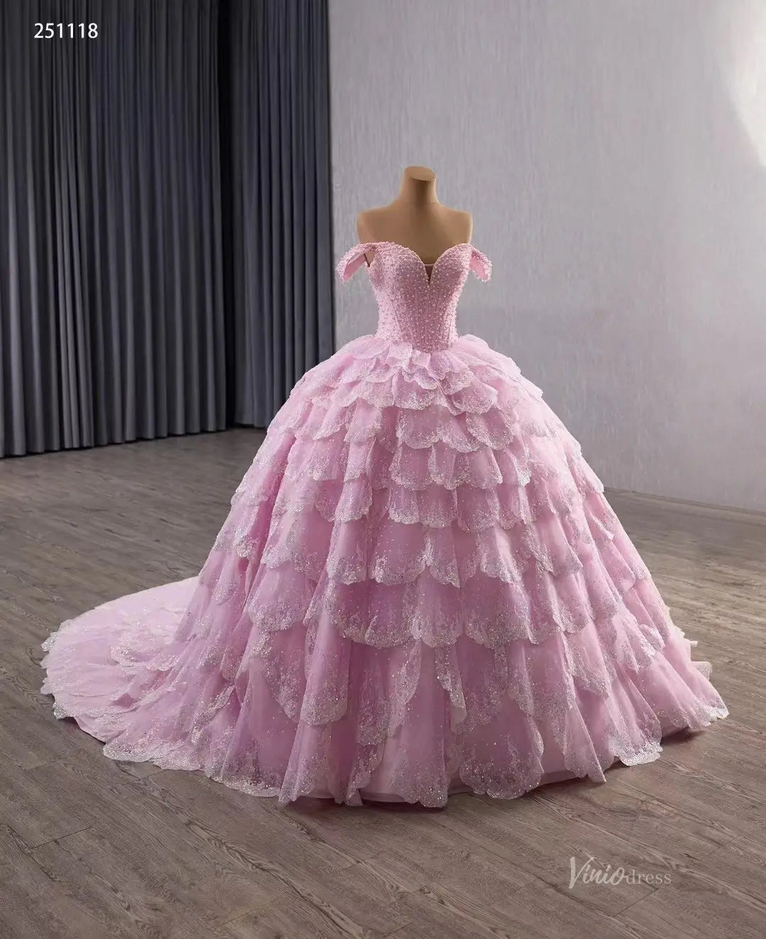 Sparkly Pink Tiered Petal Quinceañera Dress Off-Shoulder Princess Ball Gown Basque Waist 251118-Quinceanera Dresses 2026-Viniodress-Pink-Custom Size-