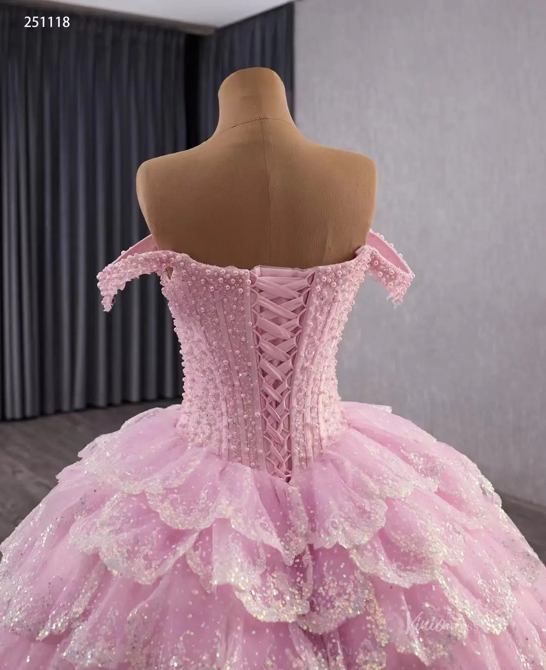 Sparkly Pink Tiered Petal Quinceañera Dress Off-Shoulder Princess Ball Gown Basque Waist 251118-Quinceanera Dresses 2026-Viniodress-Pink-Custom Size-