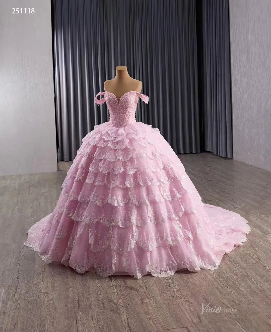 Sparkly Pink Tiered Petal Quinceañera Dress Off-Shoulder Princess Ball Gown Basque Waist 251118-Quinceanera Dresses 2026-Viniodress-Pink-Custom Size-