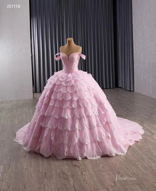 Sparkly Pink Tiered Petal Quinceañera Dress Off-Shoulder Princess Ball Gown Basque Waist 251118-Quinceanera Dresses 2026-Viniodress-Pink-Custom Size-