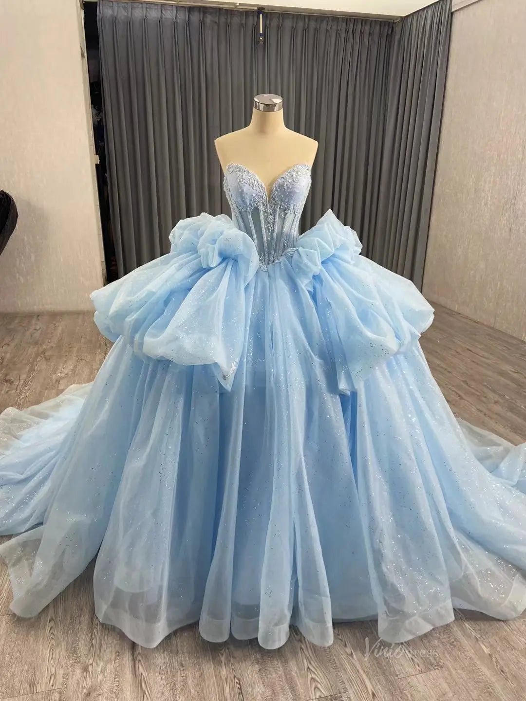 Sparkly Pink Tulle Wedding Gown Strapless Quinceanera Dress Removable Sleeves 241101-Quinceanera Dresses 2025 -Viniodress-Light Blue-Custom Size-