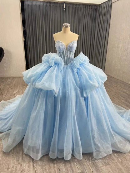 Sparkly Pink Tulle Wedding Gown Strapless Quinceanera Dress Removable Sleeves 241101-Quinceanera Dresses 2025 -Viniodress-Light Blue-Custom Size-