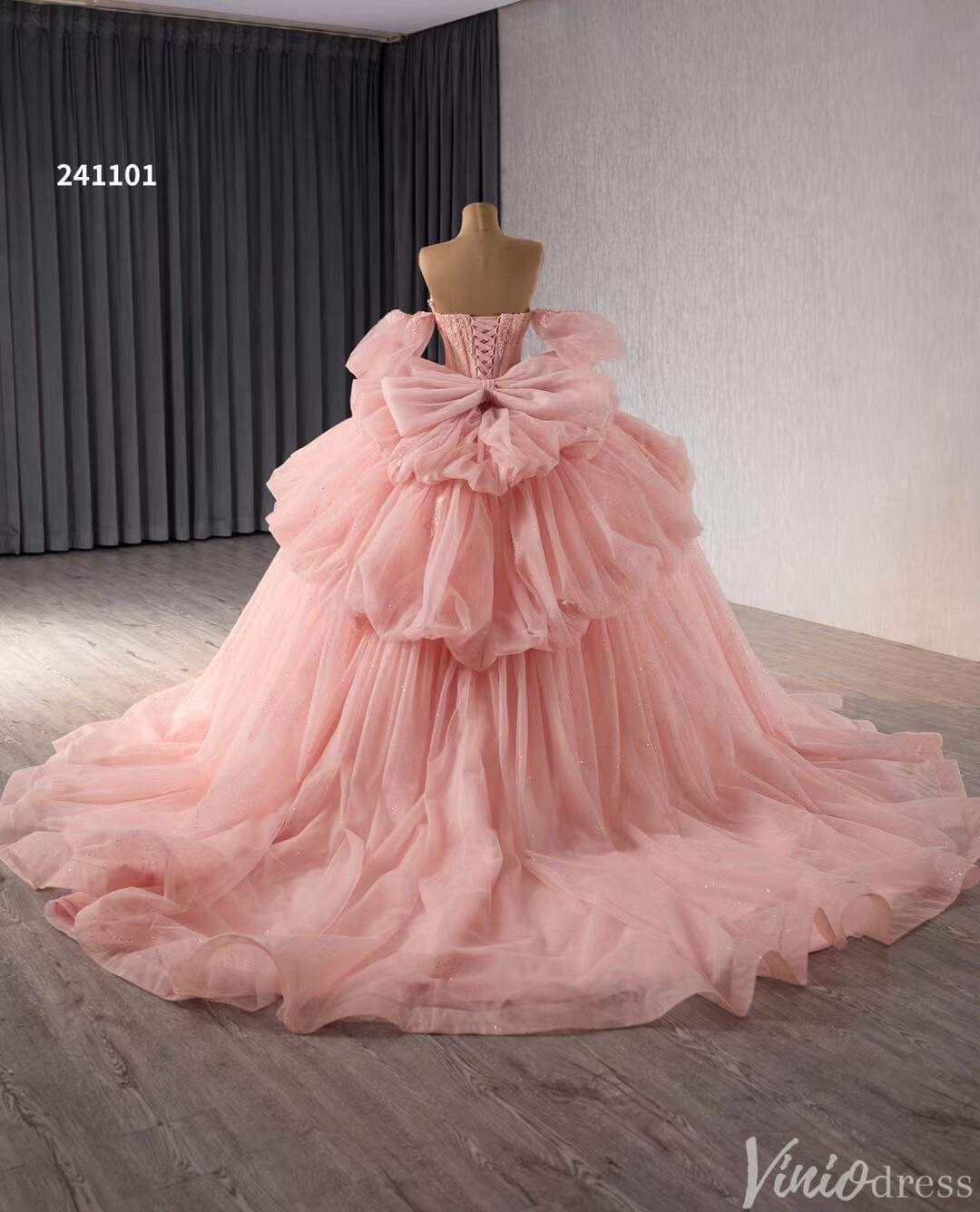 Sparkly Pink Tulle Wedding Gown Strapless Quinceanera Dress Removable Sleeves 241101 - ViniodressQuinceanera DressesPinkCustom Size - Formal Dresses - Ball Gowns