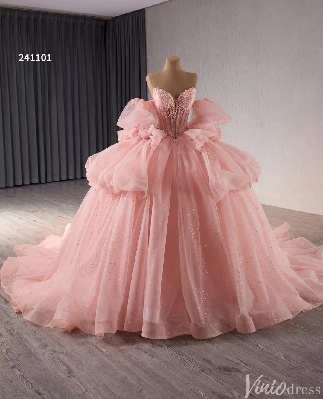 Sparkly Pink Tulle Wedding Gown Strapless Quinceanera Dress Removable Sleeves 241101 - ViniodressQuinceanera DressesPinkCustom Size - Formal Dresses - Ball Gowns