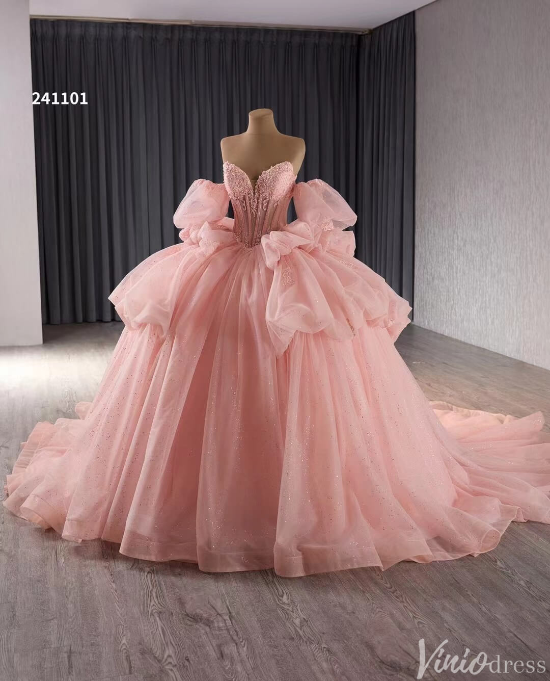 Sparkly Pink Tulle Wedding Gown Strapless Quinceanera Dress Removable Sleeves 241101-Quinceanera Dresses-Viniodress-Viniodress