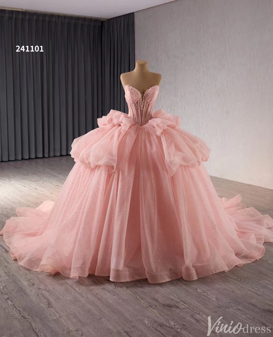 Sparkly Pink Tulle Wedding Gown Strapless Quinceanera Dress Removable Sleeves 241101-Quinceanera Dresses-Viniodress-Viniodress