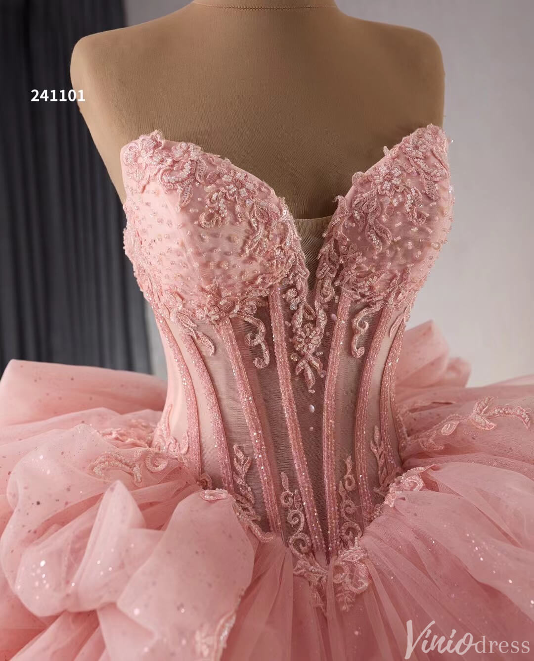 Sparkly Pink Tulle Wedding Gown Strapless Quinceanera Dress Removable Sleeves 241101 - ViniodressQuinceanera DressesPinkCustom Size - Formal Dresses - Ball Gowns