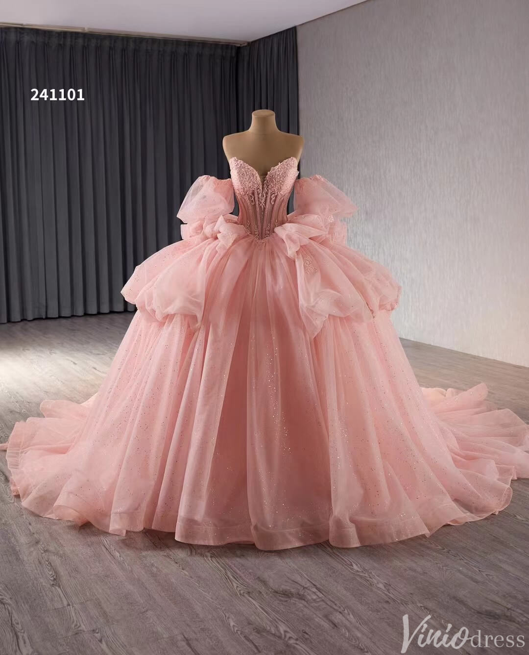 Sparkly Pink Tulle Wedding Gown Strapless Quinceanera Dress Removable Sleeves 241101-Quinceanera Dresses-Viniodress-Viniodress