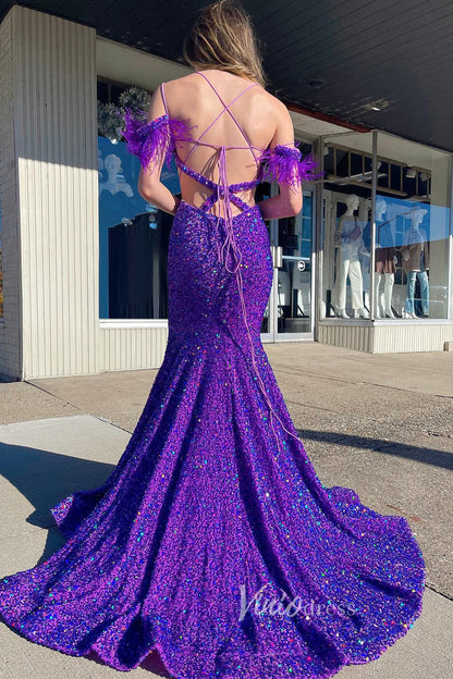 Sparkly Purple Sequin Mermaid Prom Dresses Feather Lace-up Back FD3520-prom dresses 2025 -Viniodress-Purple-Custom Size-