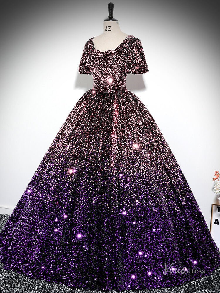 Sparkly Purple Sequin Prom Ball Gown Short Sleeve Quinceanera Dresses BG028-prom dresses 2025 -Viniodress-Purple-Custom Size-