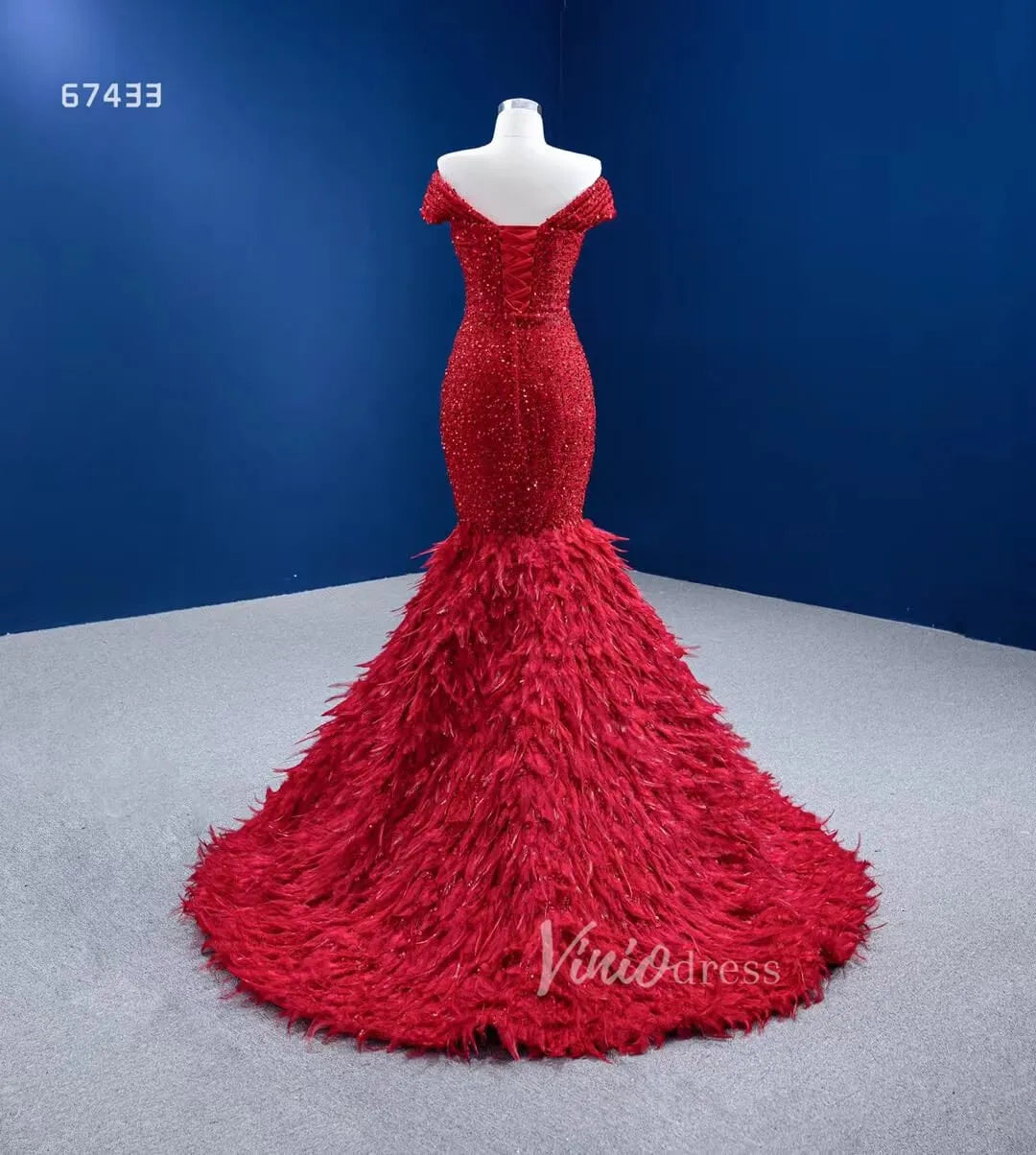 Sparkly Red Feather Formal Gown Sequin Prom Pageant Dress 67433 viniodress-Evening Dresses 2025 -Viniodress-Red-Custom Size-