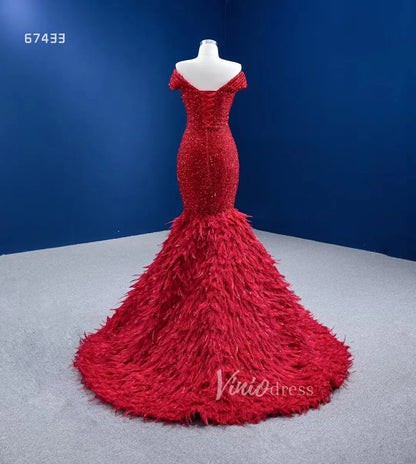 Sparkly Red Feather Formal Gown Sequin Prom Pageant Dress 67433 viniodress-Evening Dresses 2025 -Viniodress-Red-Custom Size-