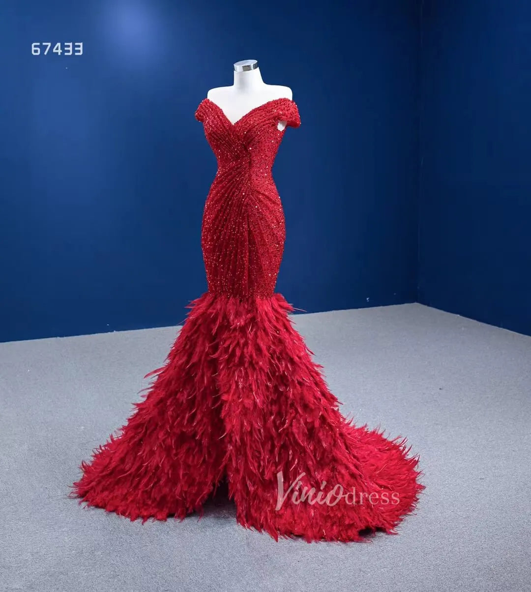 Sparkly Red Feather Formal Gown Sequin Prom Pageant Dress 67433 viniodress-Evening Dresses 2025 -Viniodress-Red-Custom Size-