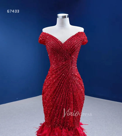 Sparkly Red Feather Formal Gown Sequin Prom Pageant Dress 67433 viniodress-Evening Dresses 2025 -Viniodress-Red-Custom Size-