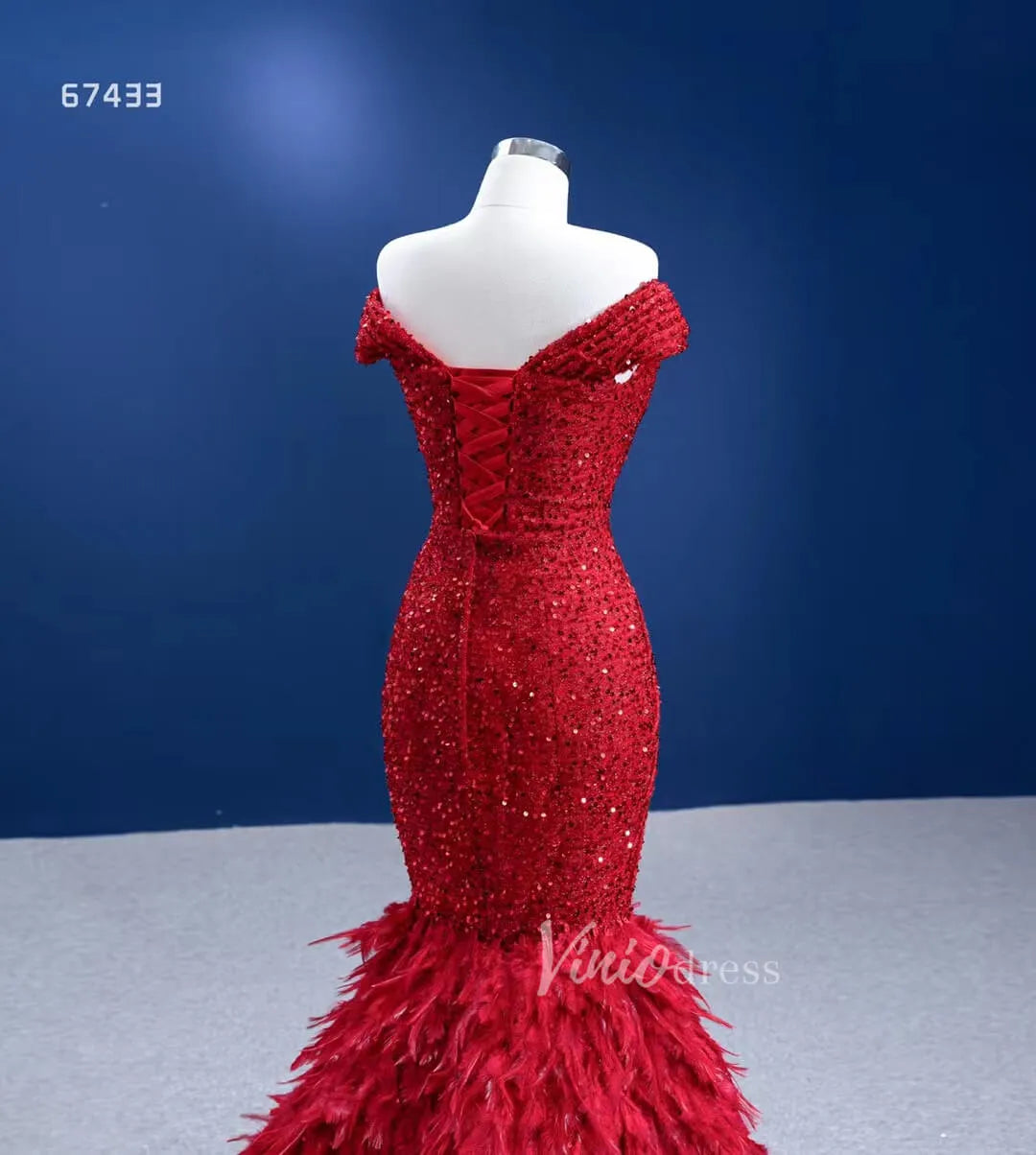 Sparkly Red Feather Formal Gown Sequin Prom Pageant Dress 67433 viniodress-Evening Dresses 2025 -Viniodress-Red-Custom Size-