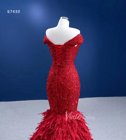 Sparkly Red Feather Formal Gown Sequin Prom Pageant Dress 67433 viniodress-Evening Dresses 2025 -Viniodress-Red-Custom Size-
