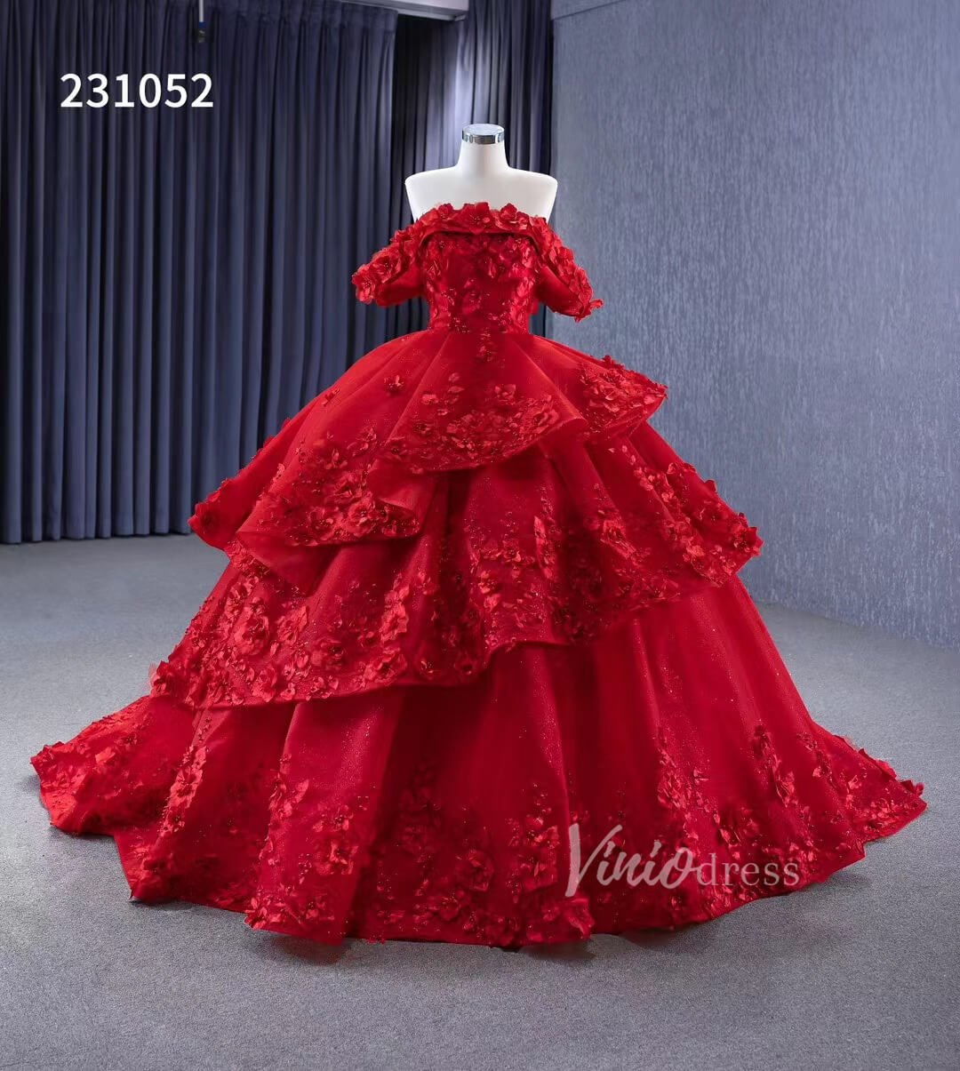 Sparkly Red Floral Ball Gown Wedding Dresses Off the Shoulder 231052-wedding dresses 2025 -Viniodress-Red-Custom Size-