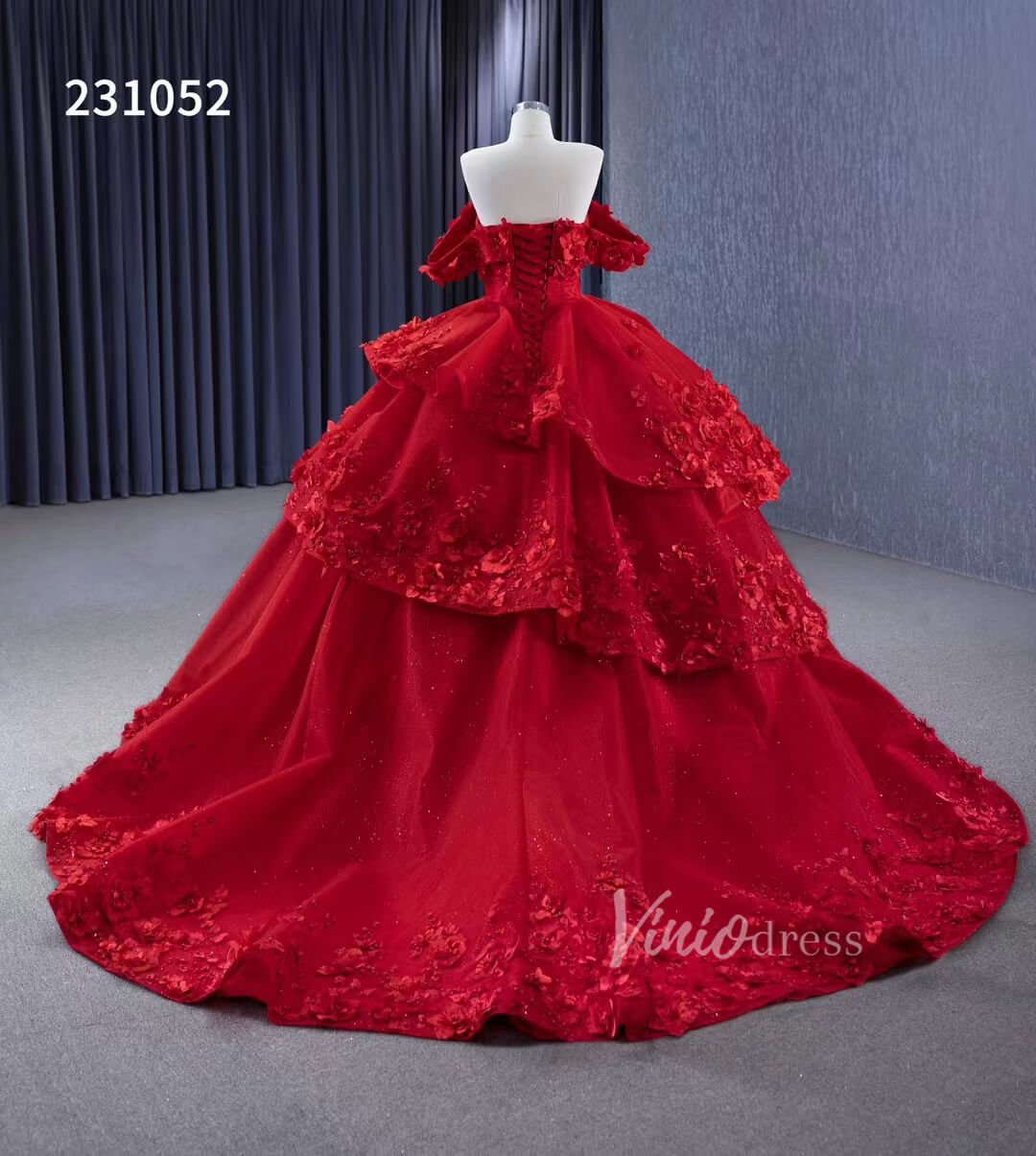 Sparkly Red Floral Ball Gown Wedding Dresses Off the Shoulder 231052-wedding dresses 2025 -Viniodress-Red-Custom Size-
