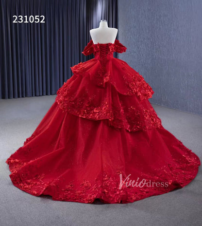 Sparkly Red Floral Ball Gown Wedding Dresses Off the Shoulder 231052-wedding dresses 2025 -Viniodress-Red-Custom Size-