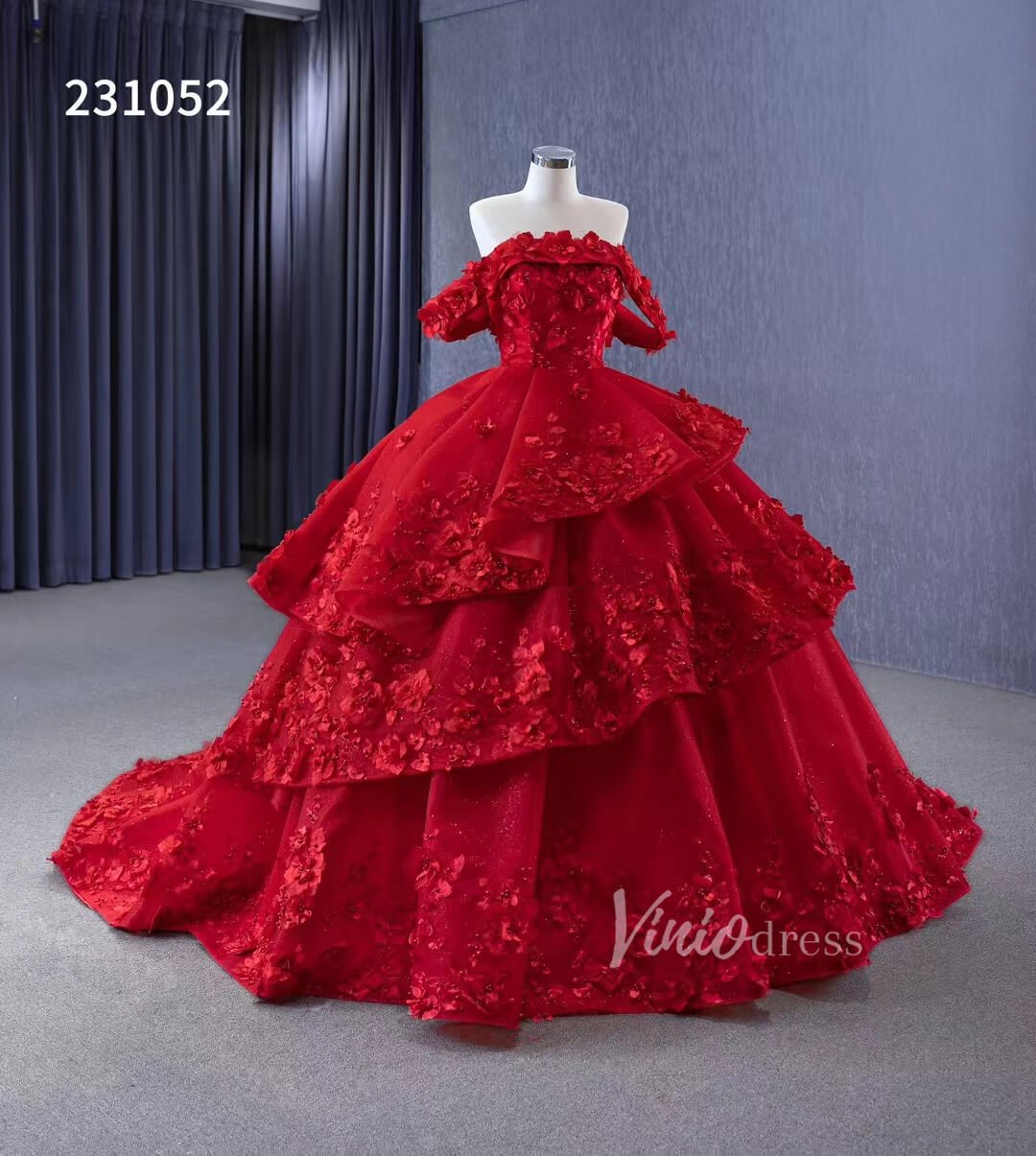 Sparkly Red Floral Ball Gown Wedding Dresses Off the Shoulder 231052-wedding dresses 2025 -Viniodress-Red-Custom Size-