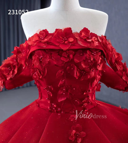 Sparkly Red Floral Ball Gown Wedding Dresses Off the Shoulder 231052-wedding dresses 2025 -Viniodress-Red-Custom Size-