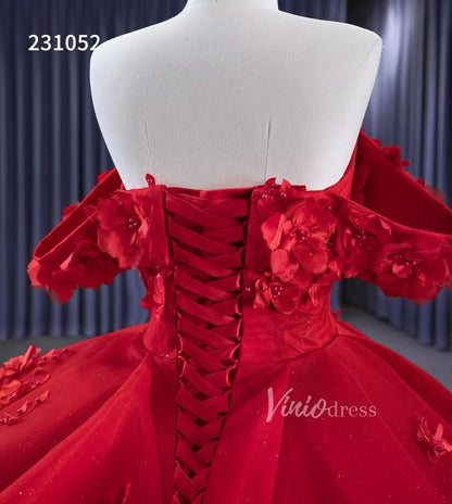 Sparkly Red Floral Ball Gown Wedding Dresses Off the Shoulder 231052-wedding dresses 2025 -Viniodress-Red-Custom Size-