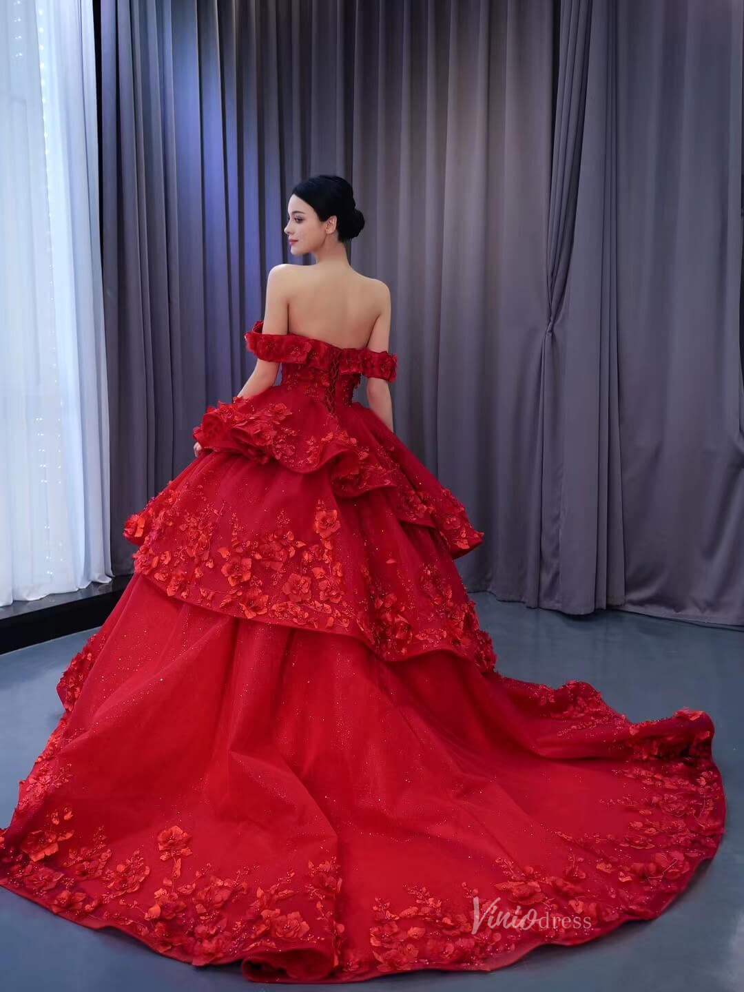 Sparkly Red Floral Ball Gown Wedding Dresses Off the Shoulder 231052-wedding dresses 2025 -Viniodress-Red-Custom Size-