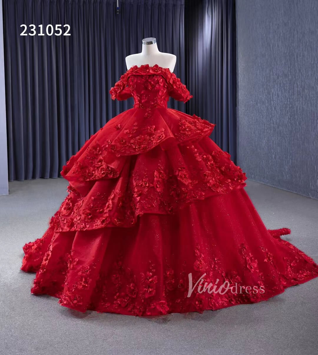 Sparkly Red Floral Ball Gown Wedding Dresses Off the Shoulder 231052 - Viniodresswedding dressesRedCustom Size - Formal Dresses - Ball Gowns