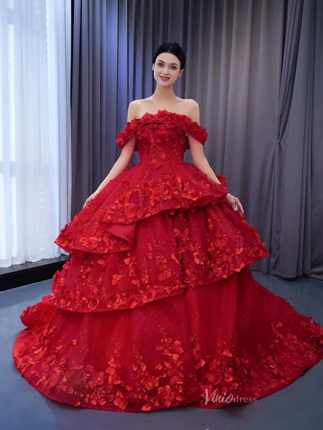 Sparkly Red Floral Ball Gown Wedding Dresses Off the Shoulder 231052 - Viniodresswedding dressesRedCustom Size - Formal Dresses - Ball Gowns