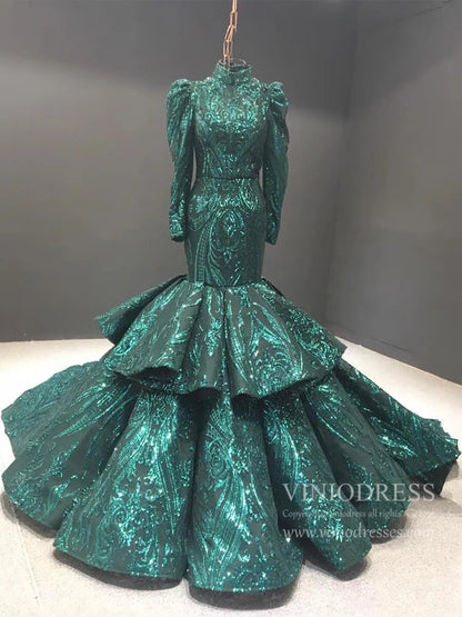 Sparkly Red Mermaid Lace Prom Dresses with Sleeves FD1192 viniodress-prom dresses 2025 -Viniodress-Emerald Green-US 2-