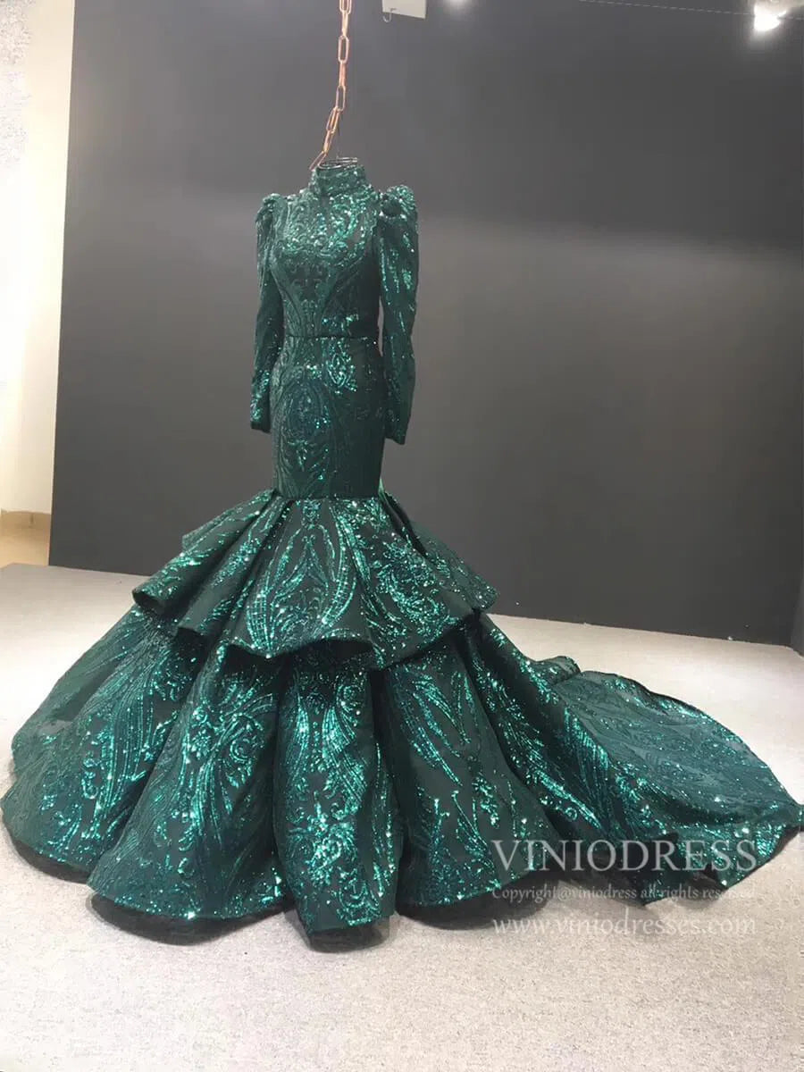 Sparkly Red Mermaid Lace Prom Dresses with Sleeves FD1192 viniodress-prom dresses 2025 -Viniodress-Red-US 2-