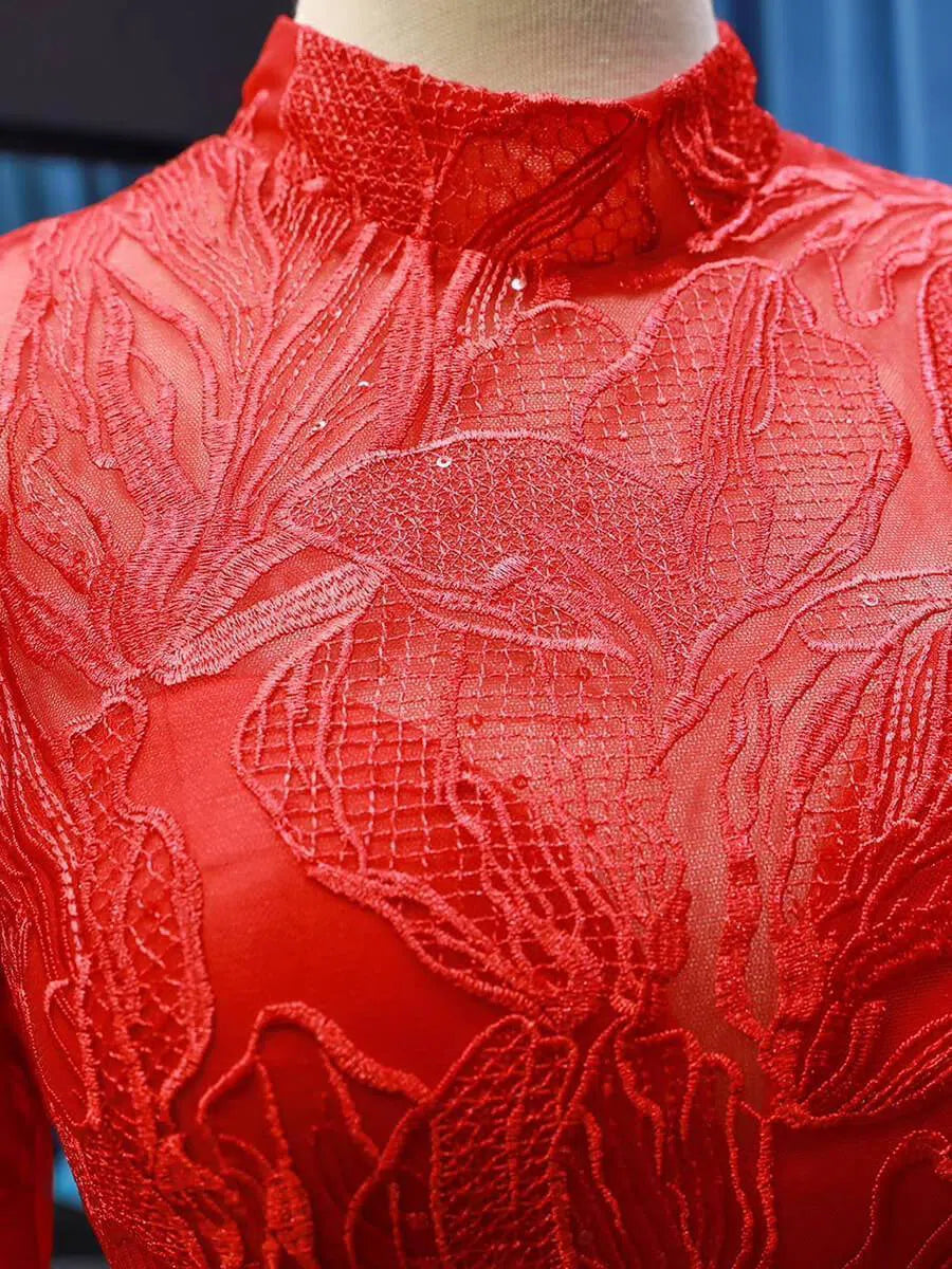 Sparkly Red Mermaid Lace Prom Dresses with Sleeves FD1192 viniodress-prom dresses 2025 -Viniodress-Red-US 2-