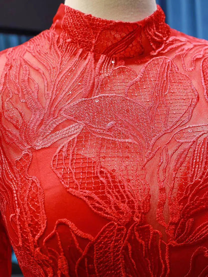 Sparkly Red Mermaid Lace Prom Dresses with Sleeves FD1192 viniodress-prom dresses 2025 -Viniodress-Red-US 2-