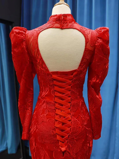 Sparkly Red Mermaid Lace Prom Dresses with Sleeves FD1192 viniodress-prom dresses 2025 -Viniodress-Red-US 2-