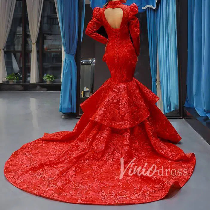 Sparkly Red Mermaid Lace Prom Dresses with Sleeves FD1192 viniodress-prom dresses-Viniodress-Viniodress