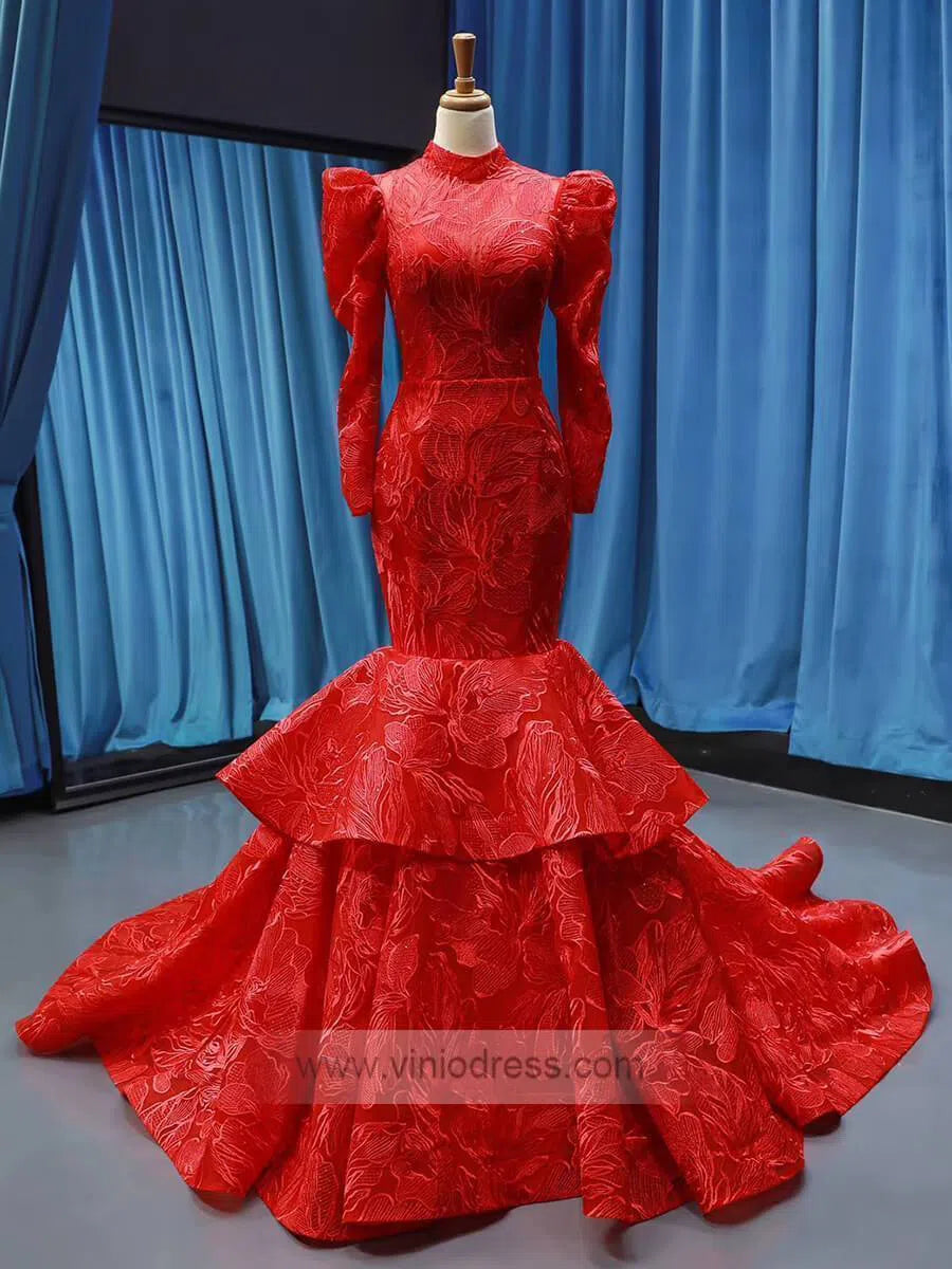 Prom Dress 2025 Sparkly Red Mermaid Lace Prom Dresses with Sleeves FD1192 viniodress-unique prom dresses-Red-US 2-Viniodress