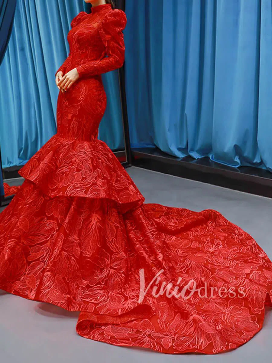 Prom Dress 2025 Sparkly Red Mermaid Lace Prom Dresses with Sleeves FD1192 viniodress-unique prom dresses-Red-US 2-Viniodress