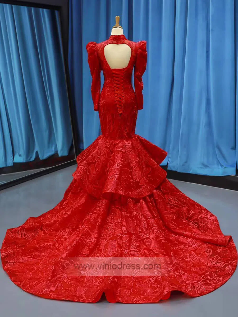 Sparkly Red Mermaid Lace Prom Dresses with Sleeves FD1192 viniodress-prom dresses-Viniodress-Viniodress