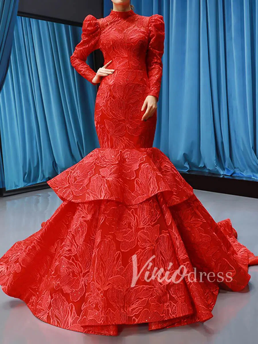 Prom Dress 2025 Sparkly Red Mermaid Lace Prom Dresses with Sleeves FD1192 viniodress-unique prom dresses-Red-US 2-Viniodress