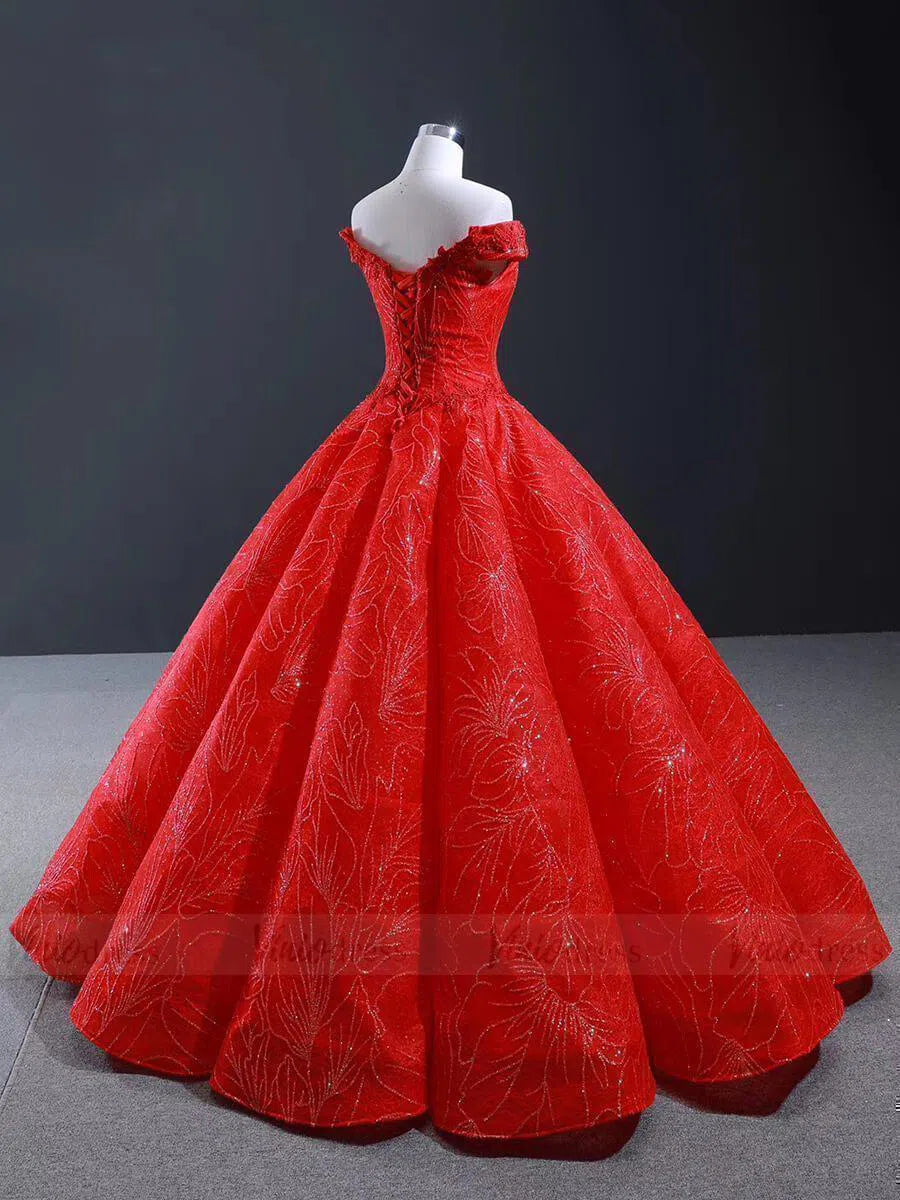 Sparkly Red Quince Dress Off the Shoulder Sweet 16 Dresses 66530-prom dresses 2025 -Viniodress-Red-Custom Size-