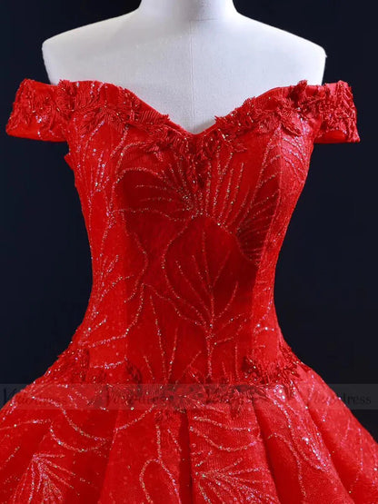 Sparkly Red Quince Dress Off the Shoulder Sweet 16 Dresses 66530-prom dresses 2025 -Viniodress-Red-Custom Size-