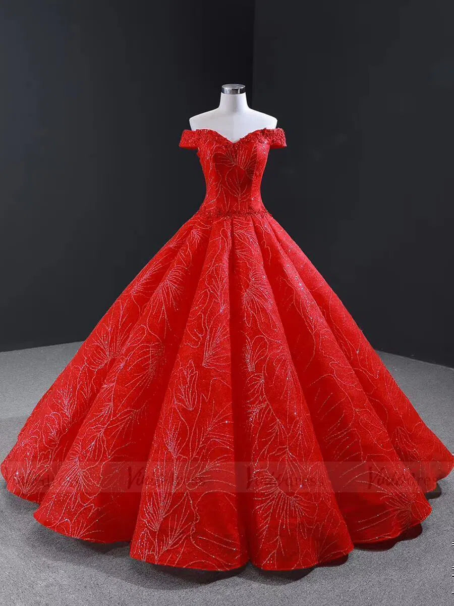 Sparkly Red Quince Dress Off the Shoulder Sweet 16 Dresses 66530-prom dresses 2025 -Viniodress-Red-Custom Size-