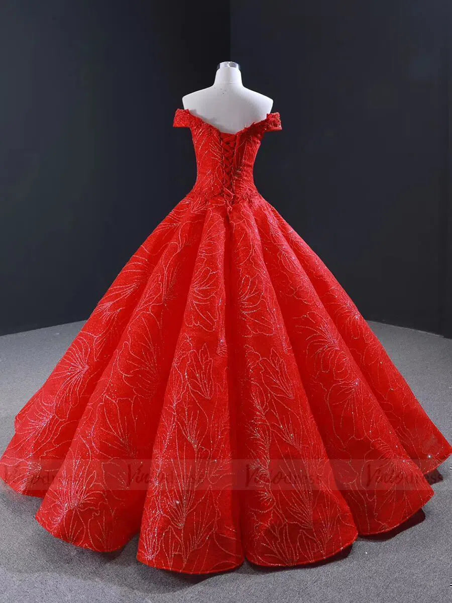 Prom Dress 2025 Sparkly Red Quince Dress Off the Shoulder Sweet 16 Dresses 66530-unique prom dresses-Red-Custom Size-Viniodress