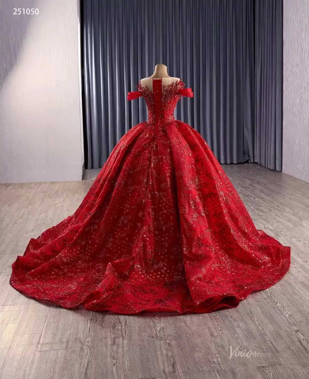 Sparkly Red Quinceañera Dress | Beaded Illusion Neck Debut Gown with Cold Shoulders & 80cm Train 251050-Quinceanera Dresses 2025 -Viniodress-Red-Custom Size-