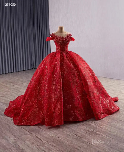 Sparkly Red Quinceañera Dress | Beaded Illusion Neck Debut Gown with Cold Shoulders & 80cm Train 251050-Quinceanera Dresses 2025 -Viniodress-Red-Custom Size-
